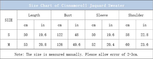 size chart of cinnamoroll jacquard sweater