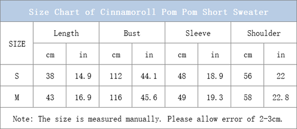 Size Chart of Cinnamoroll Pom Pom Short Sweater