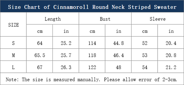 size chart of the cinnamoroll round neck striped knit jumper