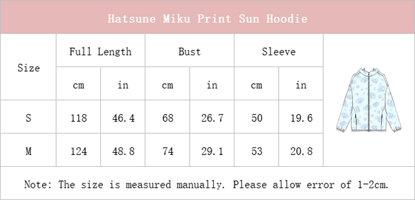 size chart of Hatsune Miku Print Sun Protection Full Zip Hoodie