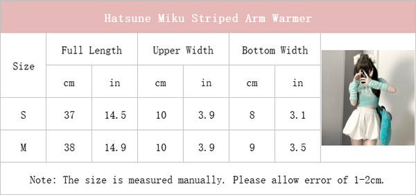 Size Chart of Hatsune Miku Turquoise Striped Arm Warmer