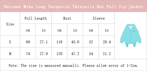 size chart of Hatsune Miku Long Turquoise Twintails Hat Full Zip Jacket