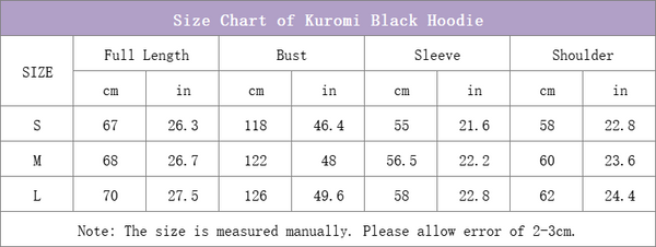 size chart of kuromi black hoodie