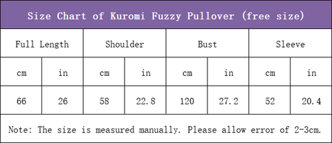 size chart of kuromi star striped sweater