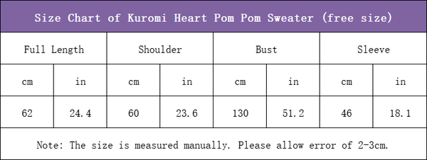 size chart of kuromi baku heart pompom loose sweater