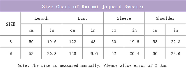 size chart of kuromi jacquard sweater