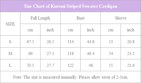 size chart of kuromi striped sweater cardigan