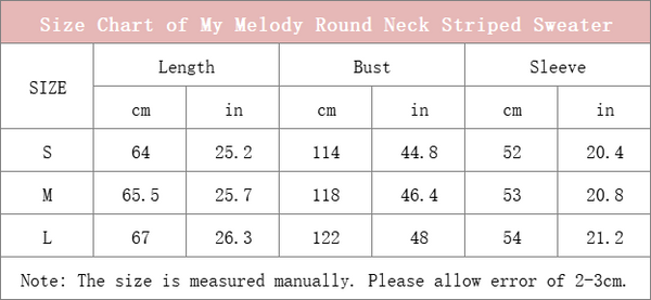 size chart of my melody round neck striped knit jumper