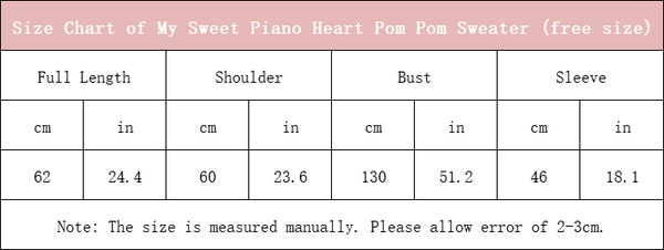 size chart of my sweet piano pom pom loose sweater