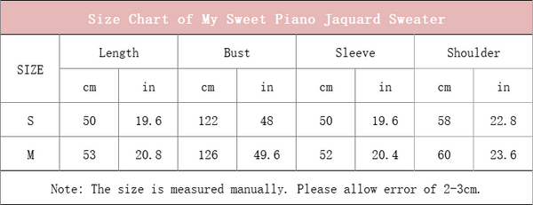 size chart of my sweet piano jacquard sweater