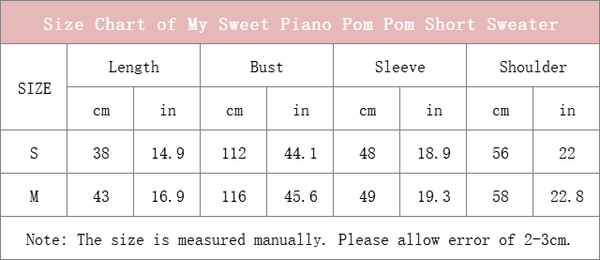 Size Chart of My Sweet Piano Pom Pom Short Sweater