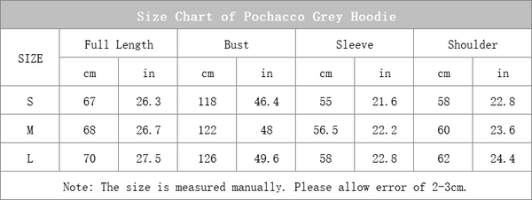 size chart of pochacco grey hoodie