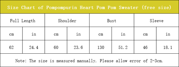 size chart of pomponpurin heart loose sweater