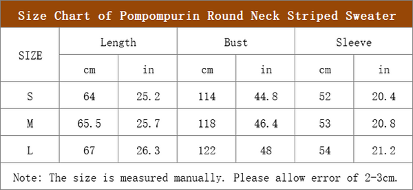 size chart of pompompurin round neck striped knit jumper