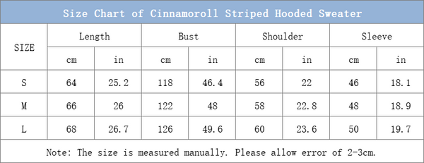 size chart of the cinnamoroll striped hooded jumper