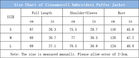 Size Chart of the Cinnamoroll Puffer Jacket