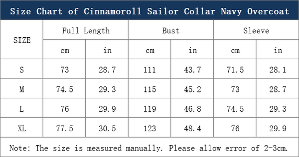 size chart of cinnamoroll sailor collar navy overcoat