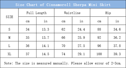 size chart of the cinnamoroll sherpa mini skirt