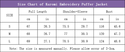 size chart of the kuromi embroidery puffer jacket