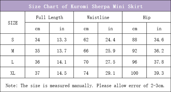size chart of kuromi sherpa mini skirt