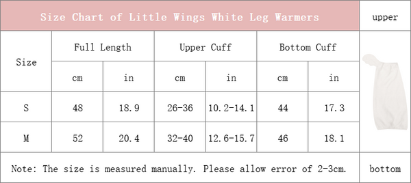 size chart of little wings white leg warmers