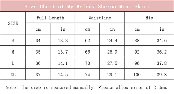 size chart of my melody sherpa mini skirt