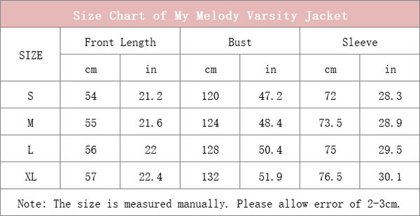 size chart of my melody pink varsity jacket