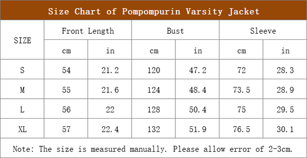 size chart of pompompurin brown colorblock varsity jacket