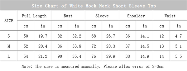 size chart of white mockneck short sleeve top