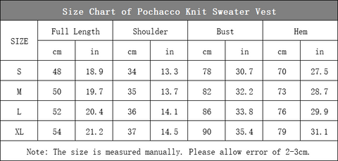 size chart of pochacco cable knit sweater vest