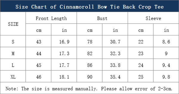 size chart of cinnamoroll bow tie back crop tee