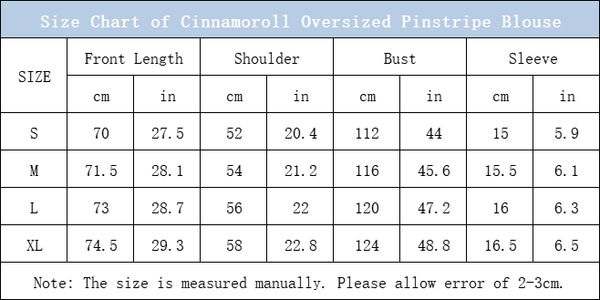 size chart of cinnamoroll pinstripe oversized blouse