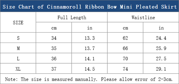 size chart of cinnamoroll ribbon bow pleated mini skirt