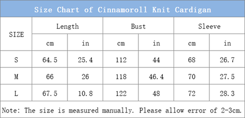 size chart of cinnamoroll loose knit cardigan sweater