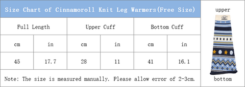 size chart of cinnamoroll knit flared leg warmers