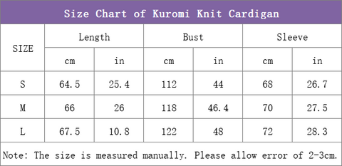 size chart of kuromi loose knit cardigan sweater