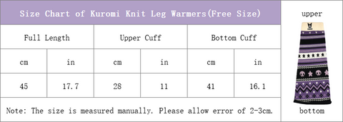size chart of kuromi knit flared leg warmers