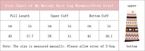 size chart of my melody knit flared leg warmers