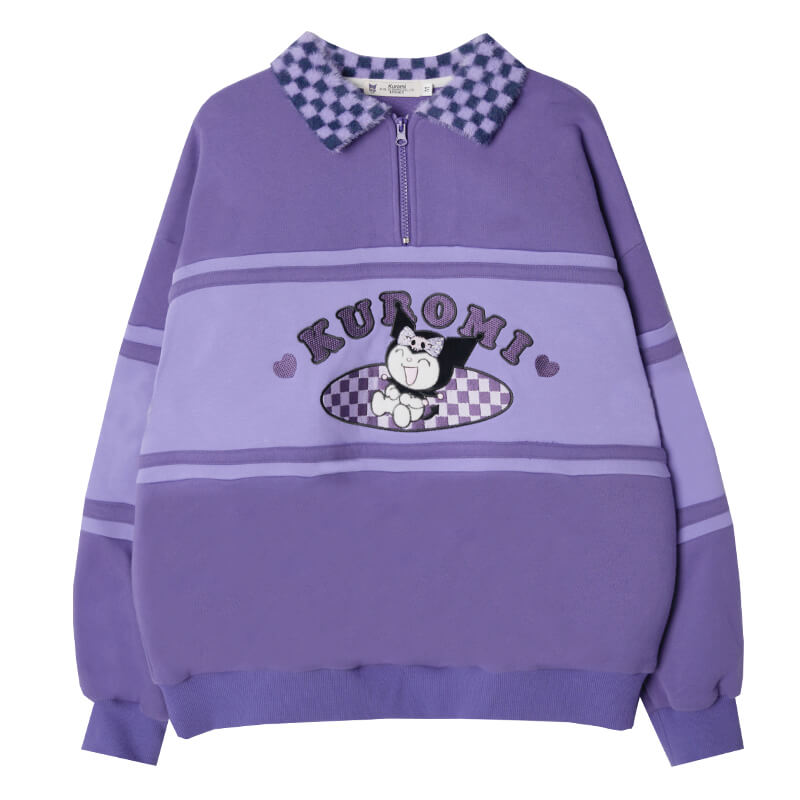 kuromi-half-zip-sweatshirt-with-fluffy-checkered-pattern-collar-in-purple