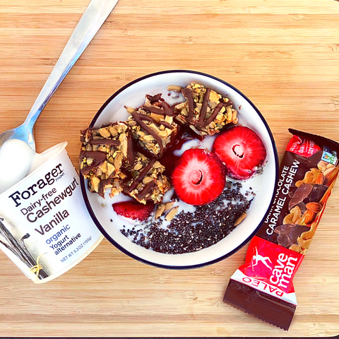 Add a Caveman Bar to your dairy free yogurt for a delightful snack.