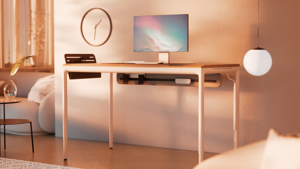 Oleg Zvyagintsev's rendering and digital environment of Tenon's luxury sit-stand adjustable height desk in the daytime