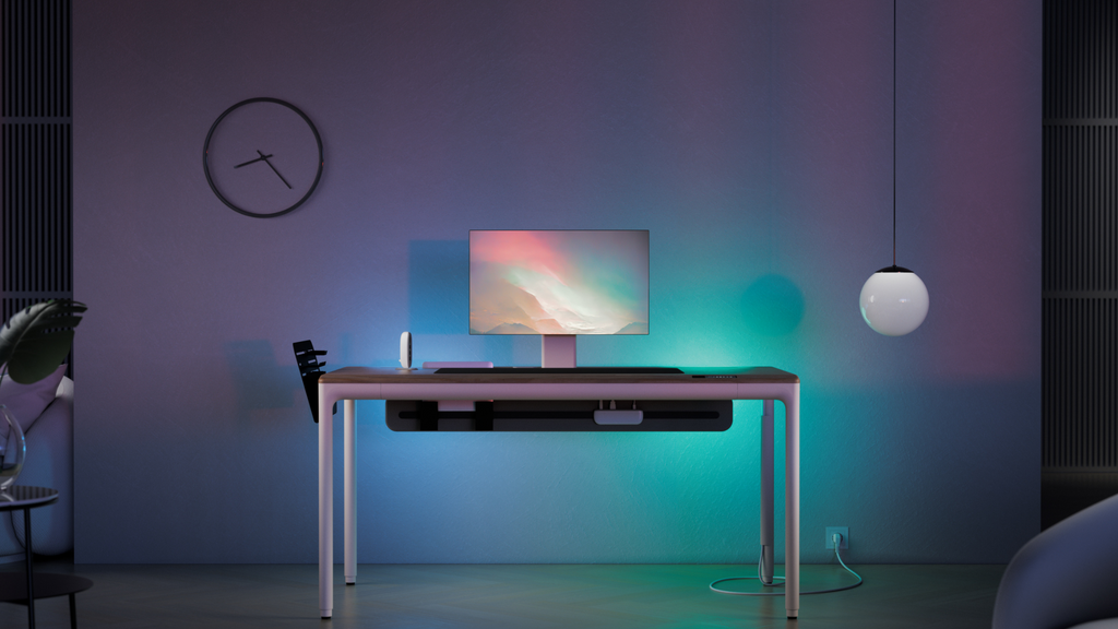 Oleg Zvyagintsev beflo collaborator and digital creator's nighttime scene of the Tenon sit-stand desk with accessories that include the Flow Kit