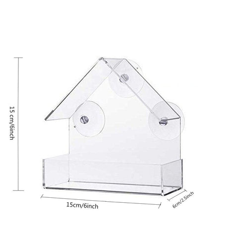 Clear acrylic bird feeder made in a shape of house with triangle roof, 3 suction cup on the back to hang onto a plain surface