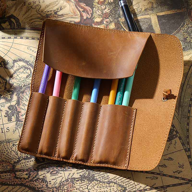 Vintage Cowhide Leather Pencil Case Curtain Multifunctional Roll Pencil Case