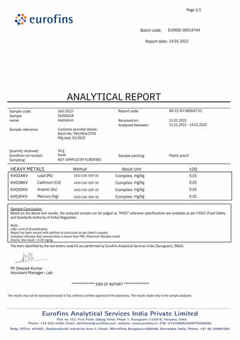 The safety of our Shilajit is one of our most important responsibilities. That's why we are transparent with our customers and have copies of our Laboratory Analysis reports for you to see