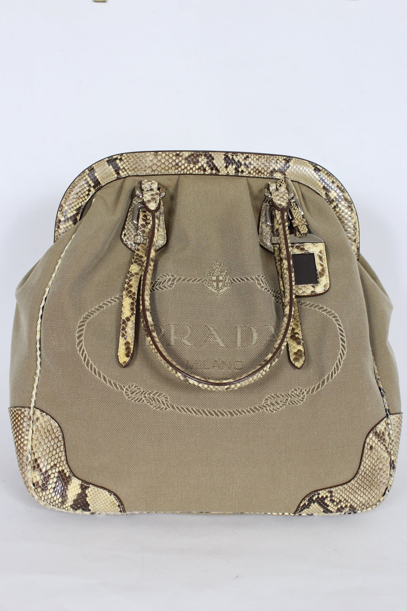 Prada Jacquard Beige Leather Canvas Tote Bag | Dedè Couture