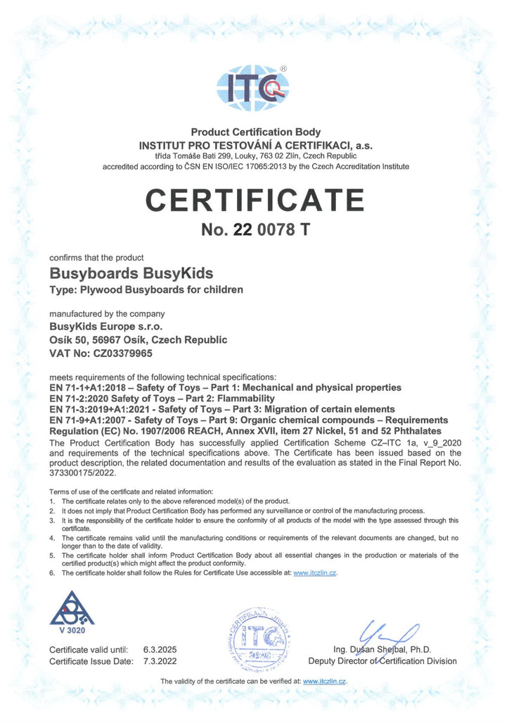 Safety and quality certificate of BusyKids Toys