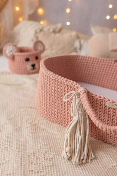 Handmade crochet Moses basket in rose pink