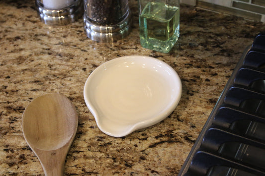 Natural White Stoneware Ceramic Spoon Rest - Wheel Thrown, Minimalist, Modern, Simple, Glossy, Handmade Kitchenware