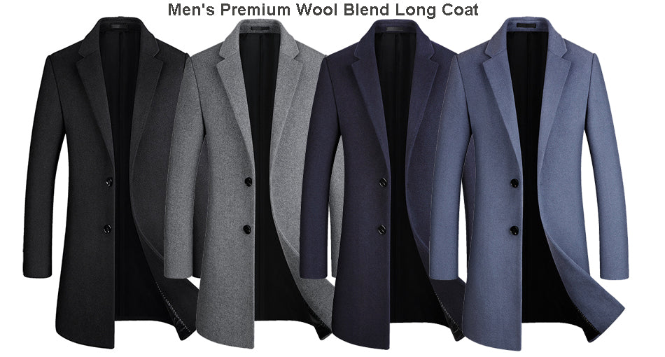 Men's Premium Wool Blend Slim Fit Winter Warm Mid-Long Coat Business Jacket